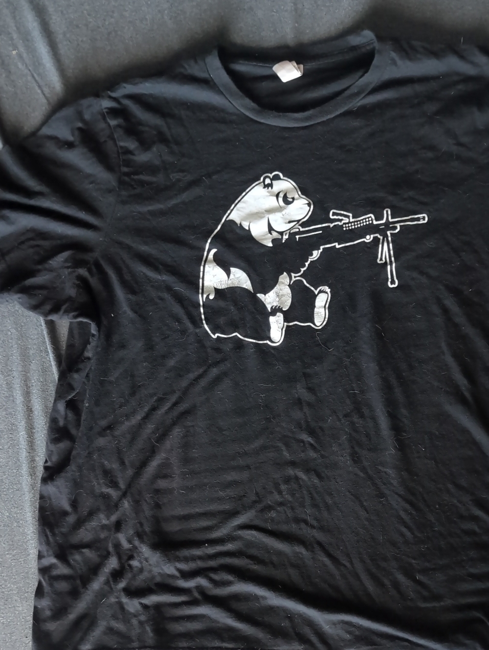 Black Graphic Tee with Panda Bear and Rifle Print